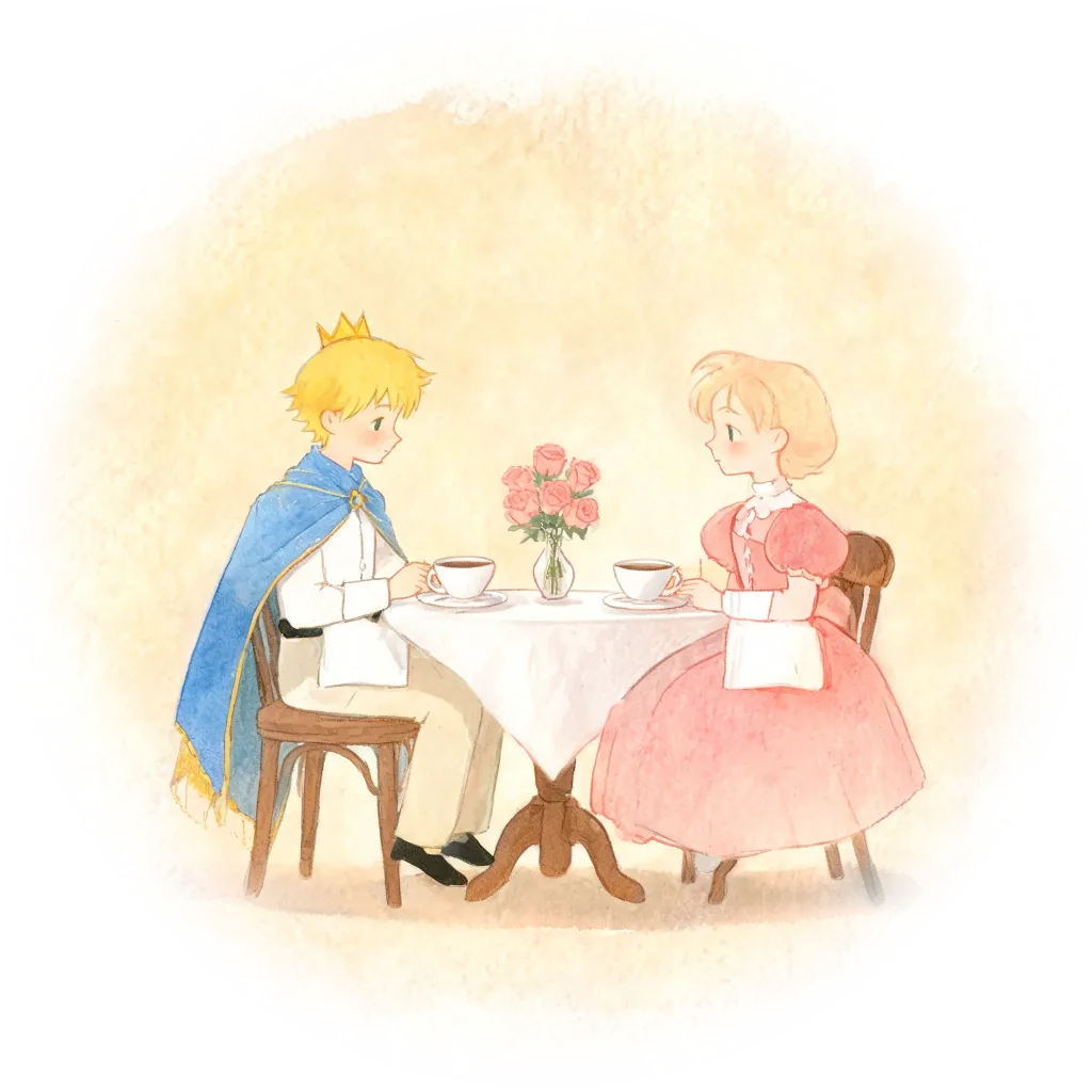 A little prince and princess practising table manners over linen and porcelain