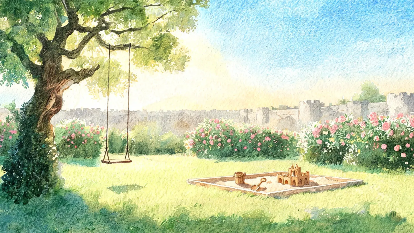 The garden playground: a swing under the old tree, rose hedges and the sandpit