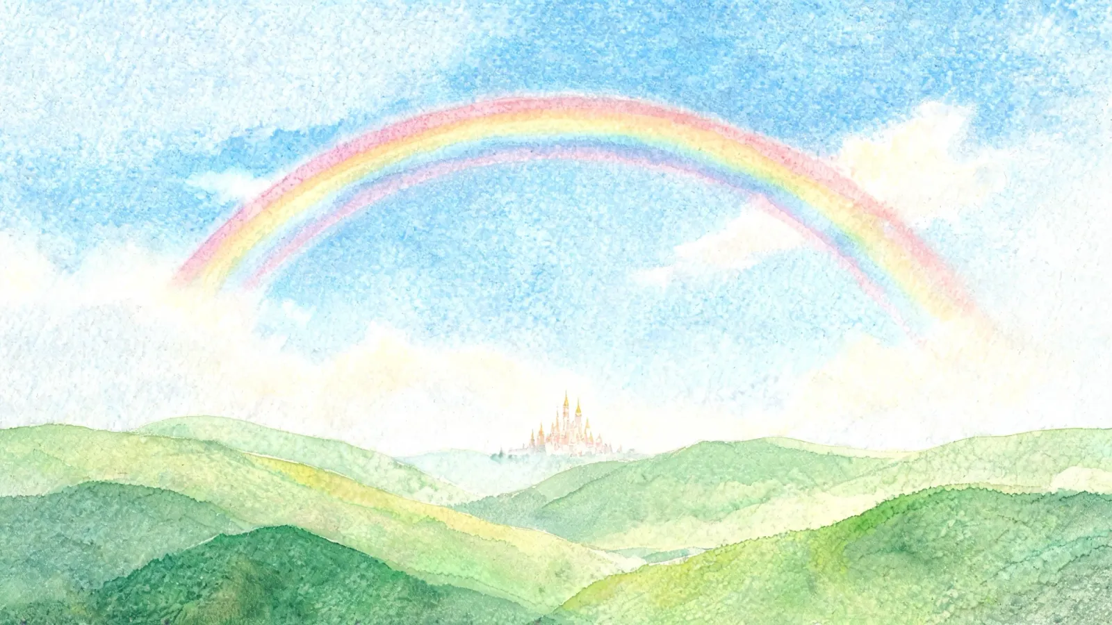 A watercolour rainbow over green hills and a tiny castle